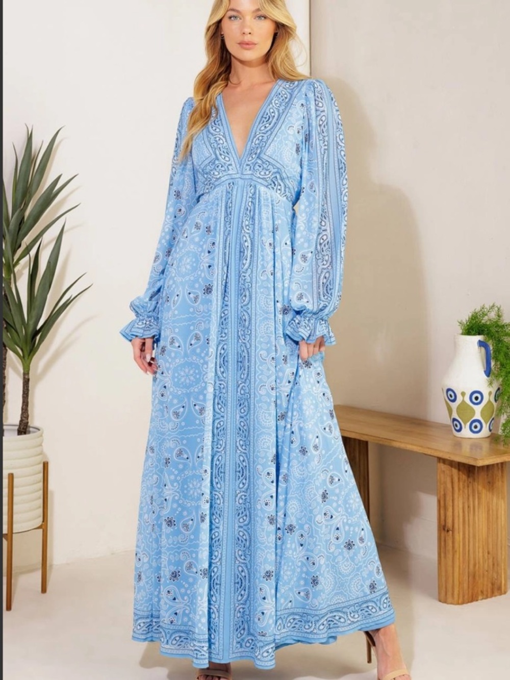 Flying Tomato Light Blue Paisley V‑Neck Maxi Dress